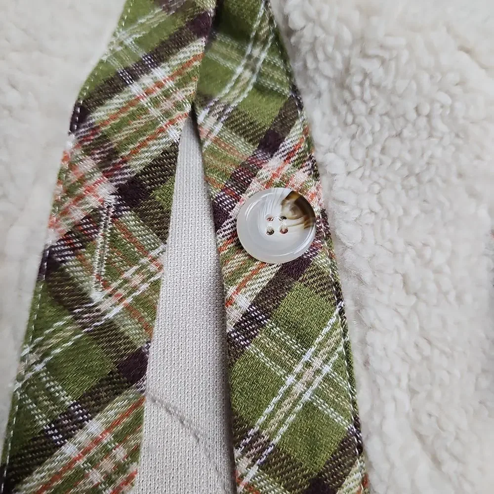 Simply Southern Youth Medium Quilted Sherpa Shacket Cream Green Plaid NEW